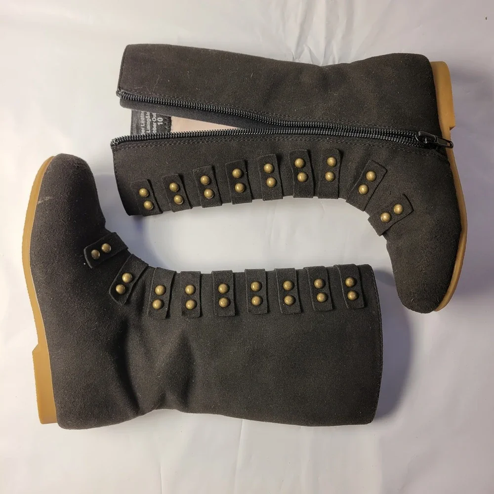 LIVEMIA Tall Boots Kids Black Studded Microfiber Leather Faux Fur Lined‎ Size 10